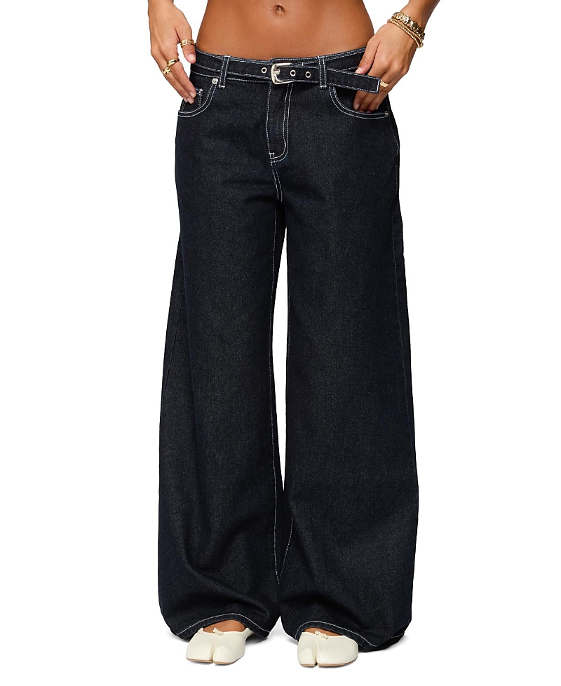 Edikted Karah Belt Low Rise Dark Rinse Wash Jeans In Black