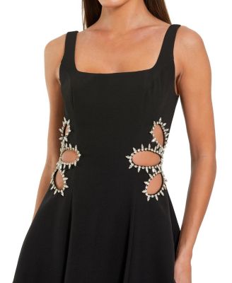 Sleeveless Crepe Rhinestone Cutout Midi Dress