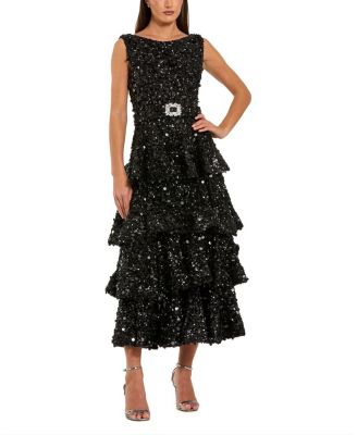  Sleeveless Sequin Ruffle Midi Dress with Belt