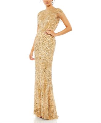 Embellished Fringe Cap Sleeve Trumpet Gown