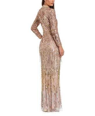 Mock Neck Long Sleeve Sequin & Fringe Column Gown