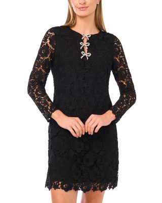 Bow Trim Floral Lace Dress