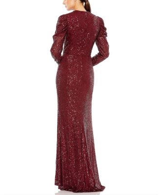  Sequined High Neck Puff Sleeve Column Gown