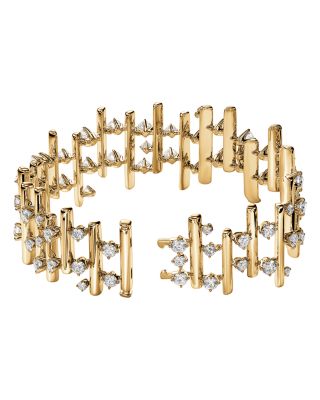 18K Yellow Gold Barre Diamond Multirow Bar Link Statement Bracelet