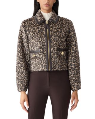 Animal Print Cropped Leather Trim Jacket