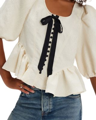 Pamela Embroidered Bow Trim Top