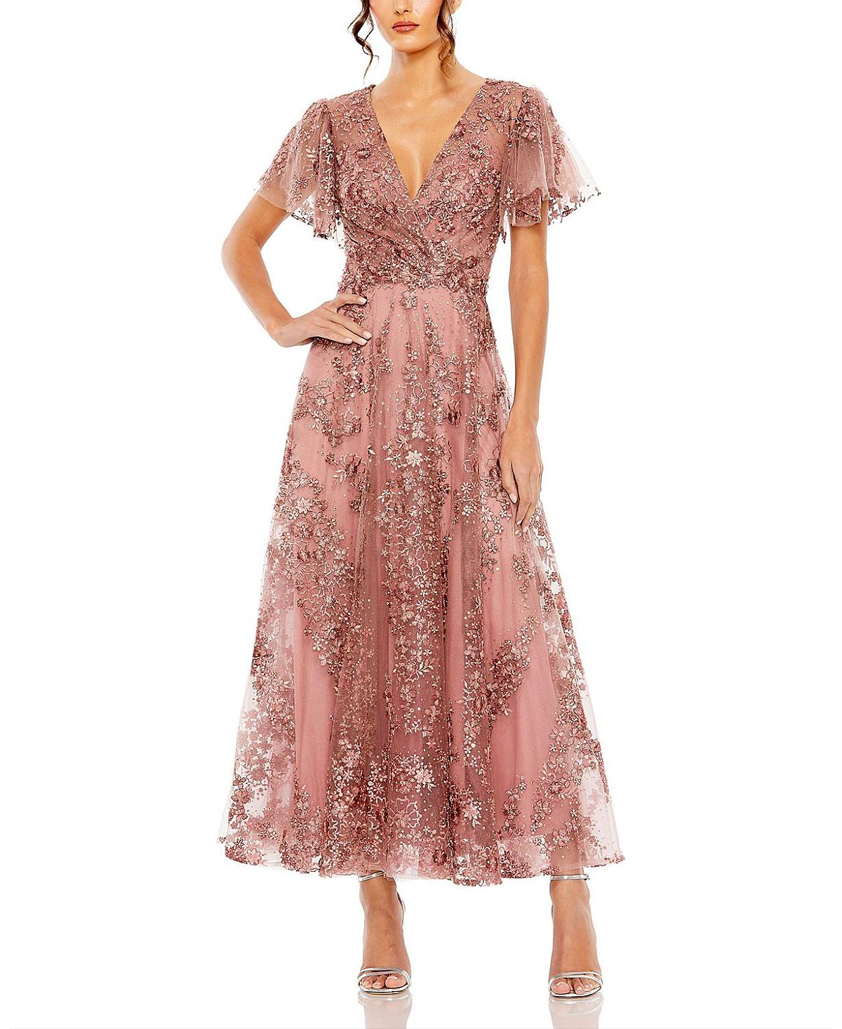 Mac Duggal Flutter Sleeve Faux Wrap V-Neck Embellished A-Line Tea-Length Dress