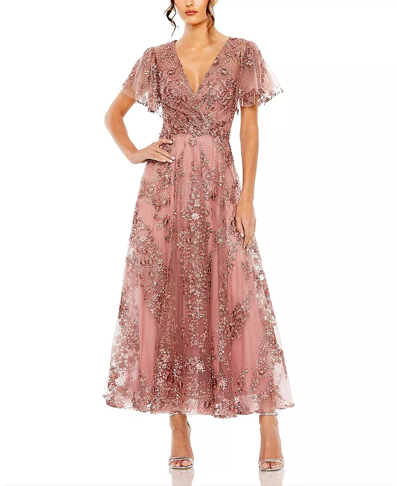 Mac Duggal Flutter Sleeve Faux Wrap V-Neck Embellished A-Line Tea-Length Dress