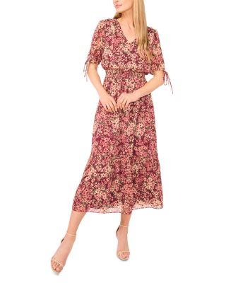 V Neck Tie Sleeve Smocked Waist Maxi Dress