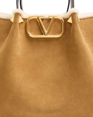 Medium VLogo Suede and Shearling Shopping Tote Bag
