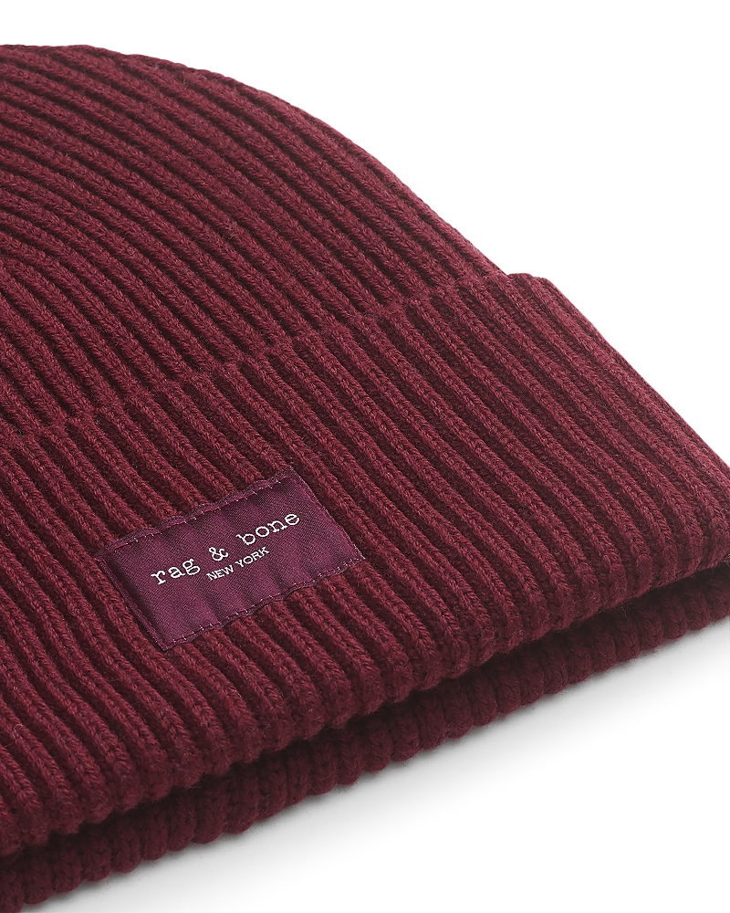 Rag & Bone Blake Logo Patch Wool Blend Rib Beanie In Burgundy