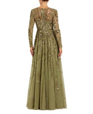 Long Sleeve Hand Embellished Floral A-line Gown