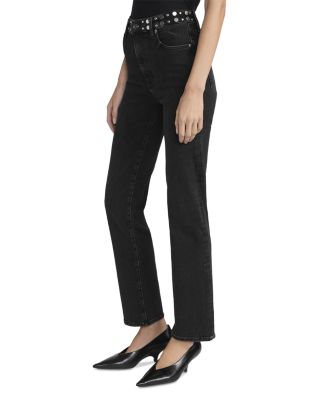 Le Sleek Straight High Rise Studded Jeans in Meteor
