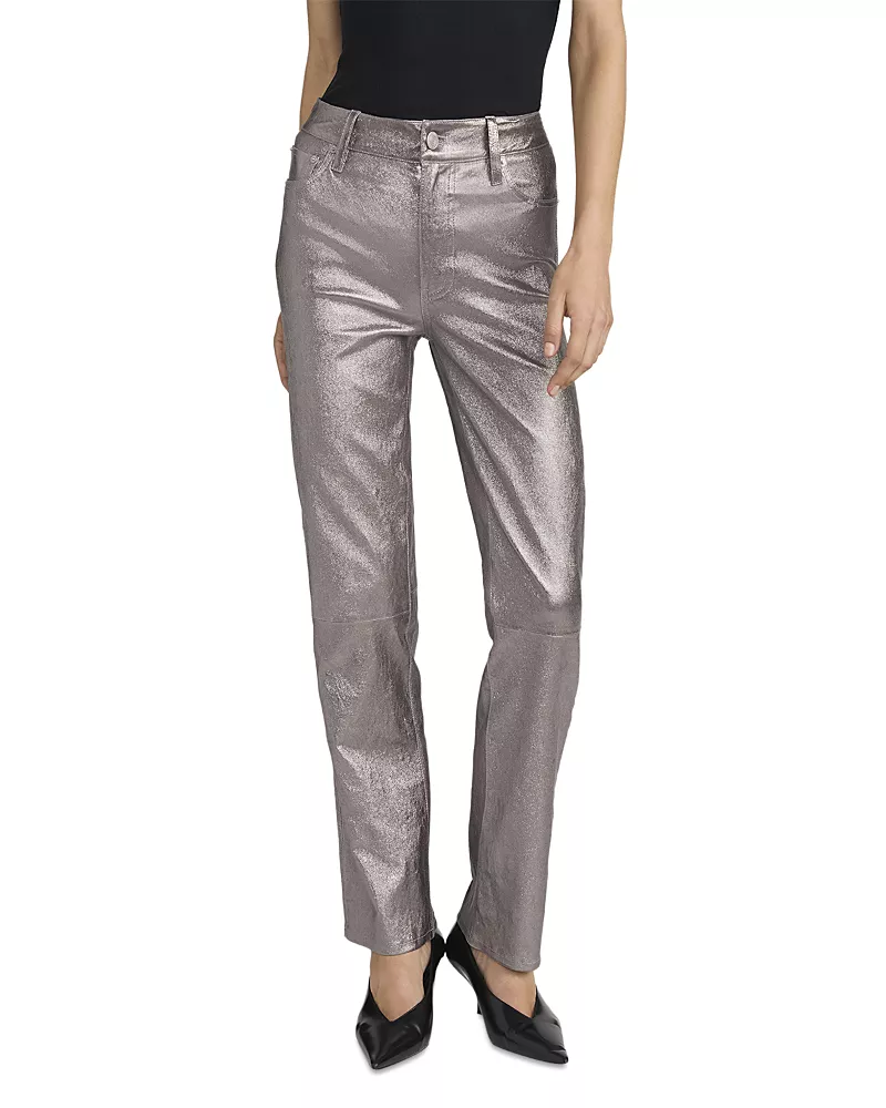 Frame Le Sleek Straight High Rise Shimmer Leather Jeans in Broken Mirror