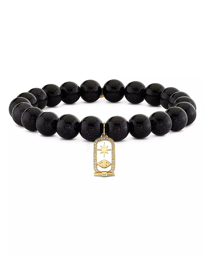 Sydney Evan 14K Yellow Gold Blue Goldstone Bead & Diamond Protective Eye Charm Bracelet