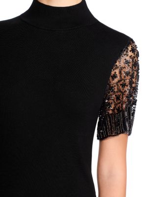 Sequin & Beaded Flutter Sleeve Mock Neck Sweater