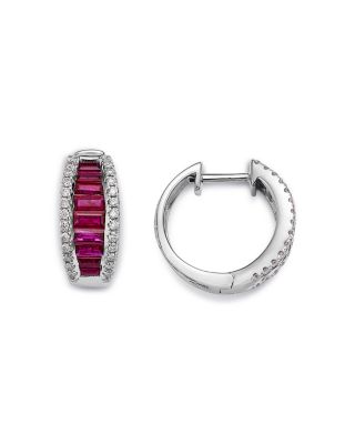 Ruby & Diamond Huggie Hoop Earrings in 14K White Gold