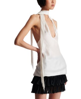  Backless Fringed Satin Top