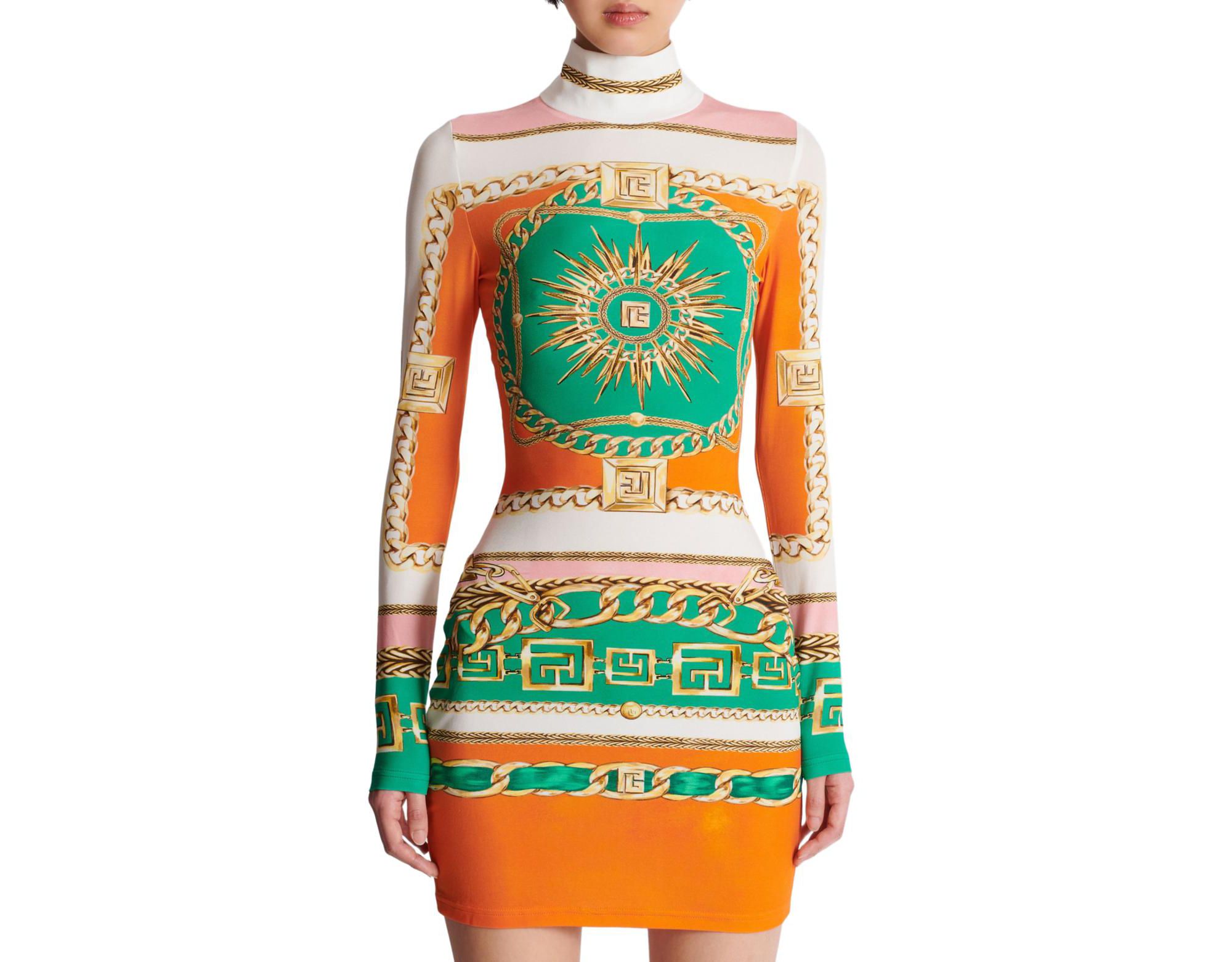 Short Printed Bodycon Dress with Balmain Foulard Pattern - Image 1
