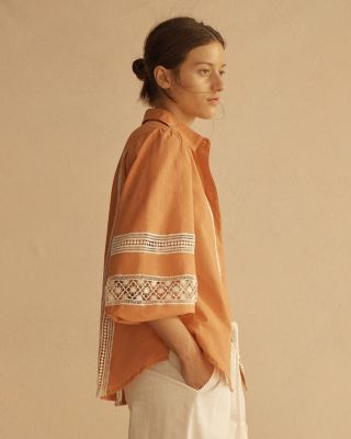 TANGELO Lace Trim Billow Sleeve Blouse