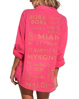 Graphic Button Down Swim Cover Up Shirt