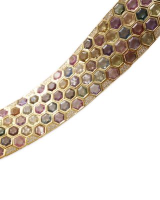 18K Yellow Gold Honeycomb Rainbow Sapphire & Diamond Pav&eacute; Cuff Bracelet