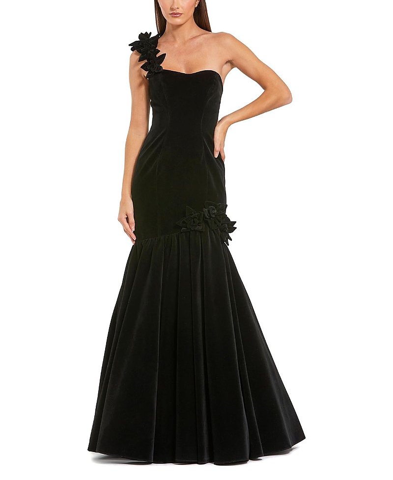 Mac Duggal Velvet One Shoulder Trumpet Gown With Flowers In Black