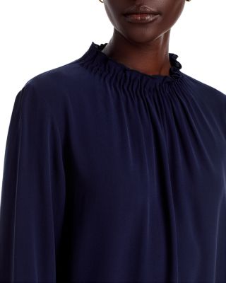 Silk Gathered Neck Long Sleeve Top