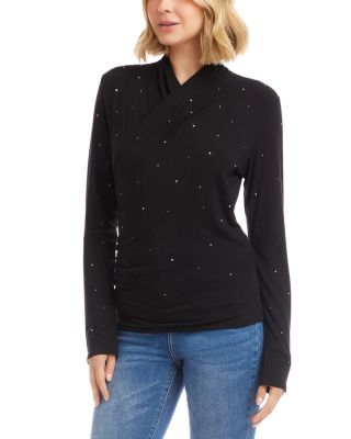 Long Sleeve Embellished Drape Front Crossover Top