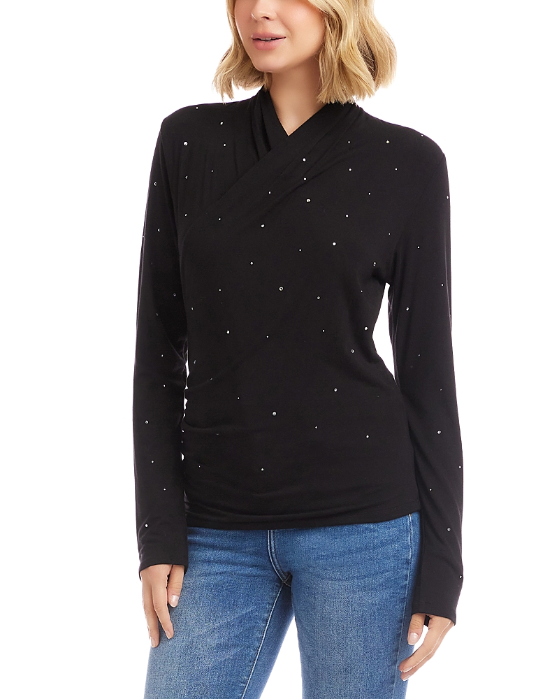 Karen Kane Long Sleeve Embellished Drape Front Crossover Top In Black