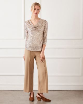 Three Quarter Sleeve Drape Front Sequin Top