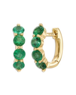 14K Yellow Gold EF Collection Emerald Huggie Hoop Earrings