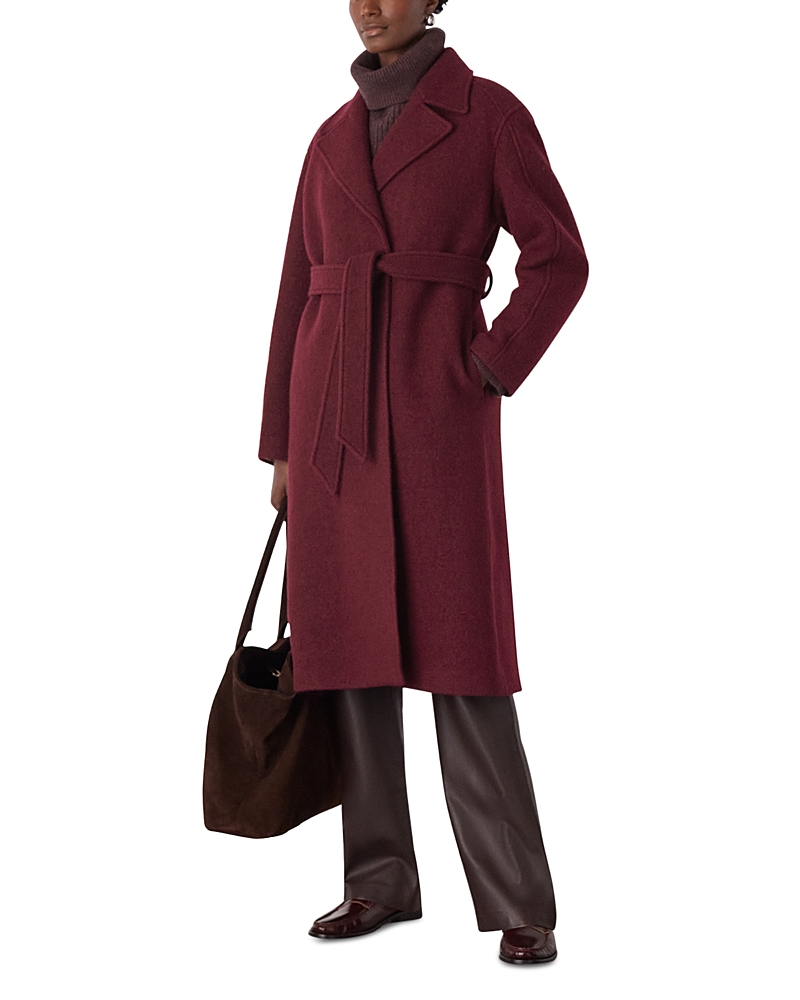 Whistles Long Belted Wool Coat In Burgundy