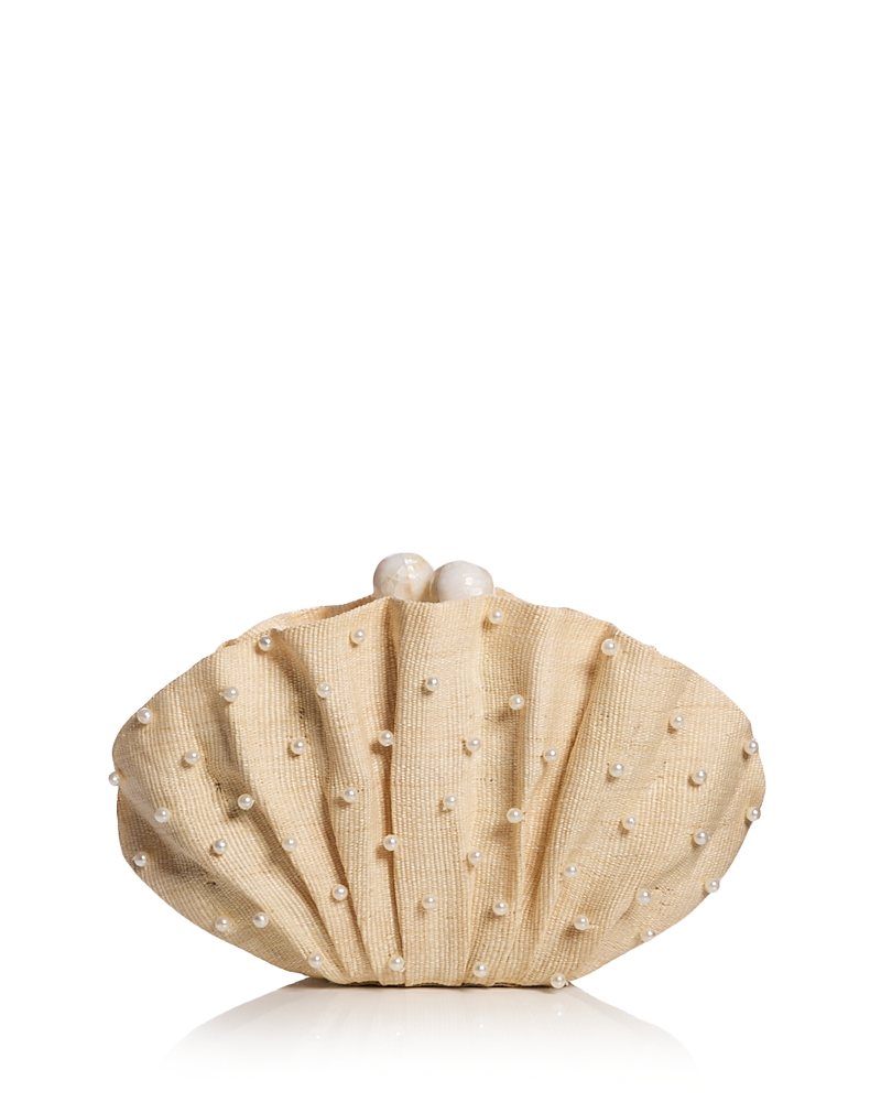 Poolside Folded Clutch With Faux Pearl Embroidery In Neutral