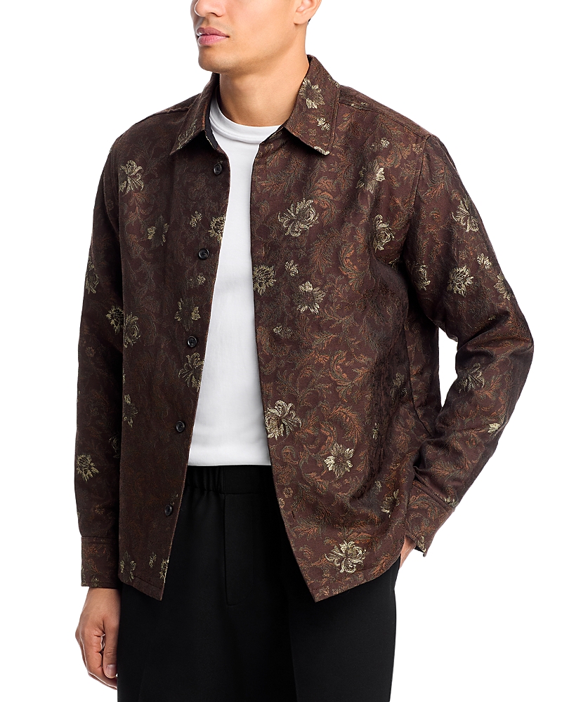 Les Deux Kaleb Jacquard Button Front Overshirt In Brown