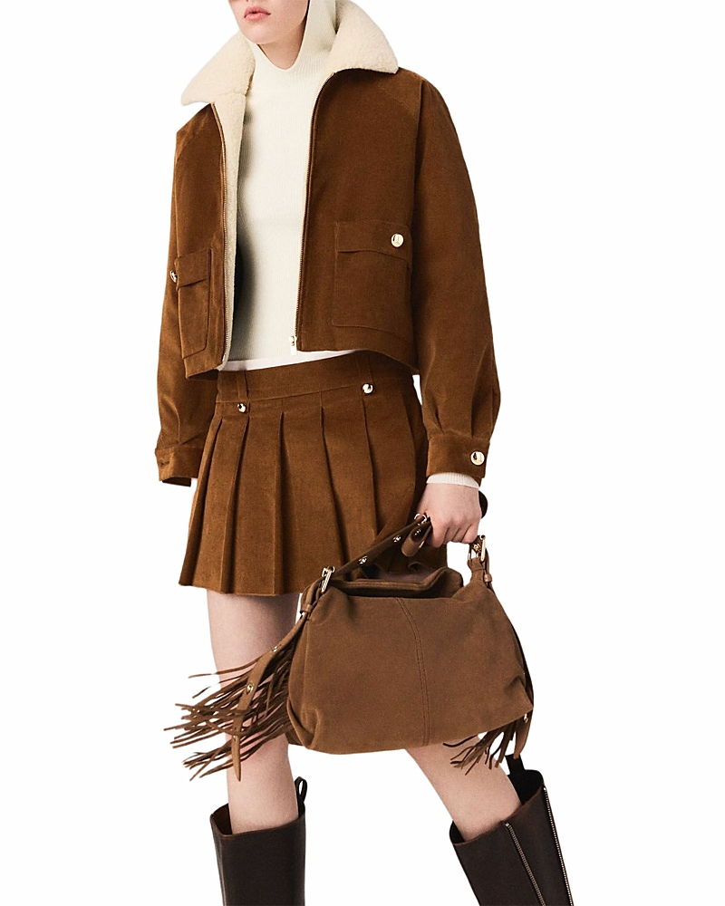 Maje Womens Camel Cropped Shearling-collar Cord Jacket In Brown