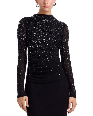 Rhinestone Mesh Jersey Long Sleeve Top - Exclusive
