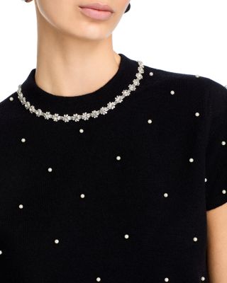 Faux Pearl Embellished Short Sleeve Sweater - Exclusive