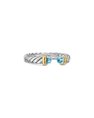 Petite Cable Open Ring in Sterling Silver with 14K Yellow Gold and Blue Topaz, 3.4mm