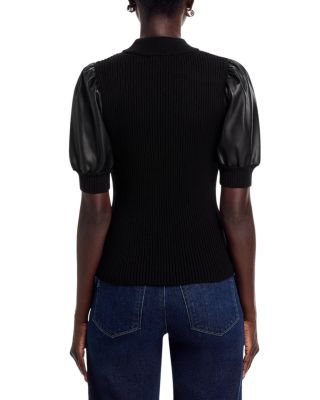 Elbow Sleeve Mock Neck Ribbed Pullover Sweater with Faux Leather Sleeves