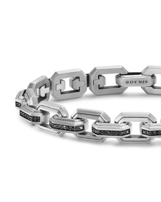 Men&#39;s Faceted Flat Link Bracelet in Sterling Silver with Black Diamonds, 11mm