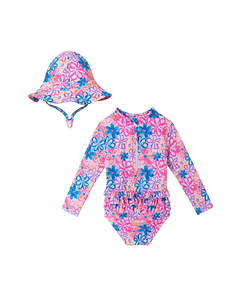 Andy & Evan Girls' Floral Long Sleeve Rashguard And Hat Set - Baby In Purple