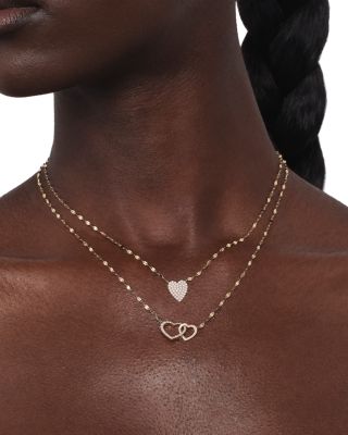 14K Yellow Gold Diamond Double Heart Pendant Necklace, 18"