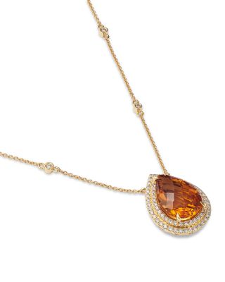 Cognac Citrine & Diamond Pear Shaped Halo Pendant Necklace in 14K Yellow Gold, 18"