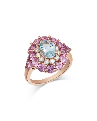 Aquamarine, Pink Sapphire & Diamond Halo Ring in 14K Rose Gold