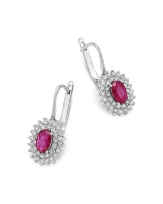 Ruby & Diamond Halo Drop Earrings in 14K White Gold
