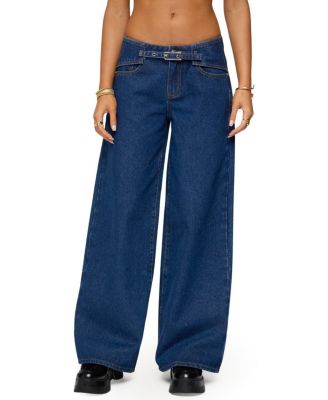Edie Belt Detail Low Rise Jeans in Dark Rinse Wash
