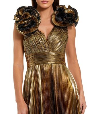  Pleated Metallic V Neck Gown with Ruffle Detail