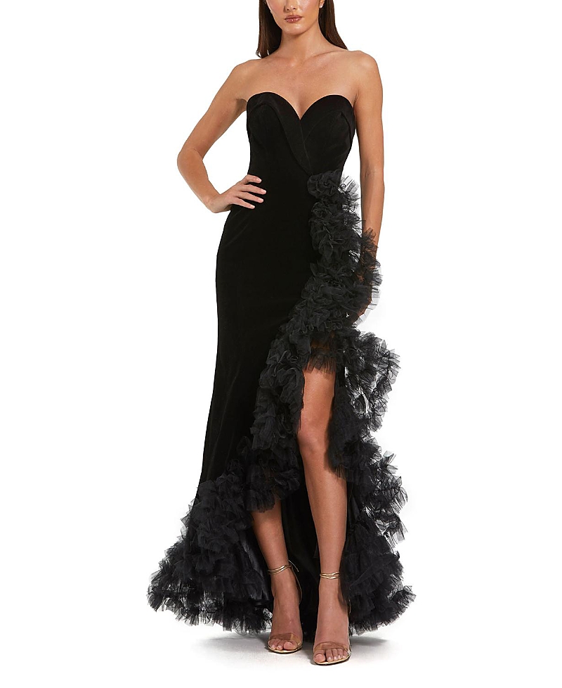 Mac Duggal Strapless Velvet Mermaid with Ruffle Slit Gown