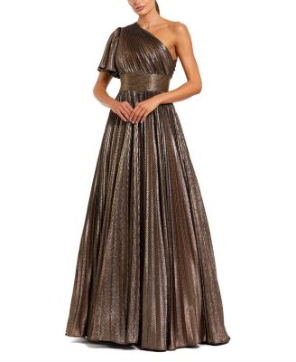 One Shoulder Pleated Metallic Ballgown